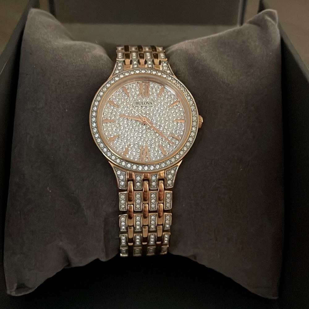 Women’s rose gold Bulova watch. Has had links removed fits smaller wrist.